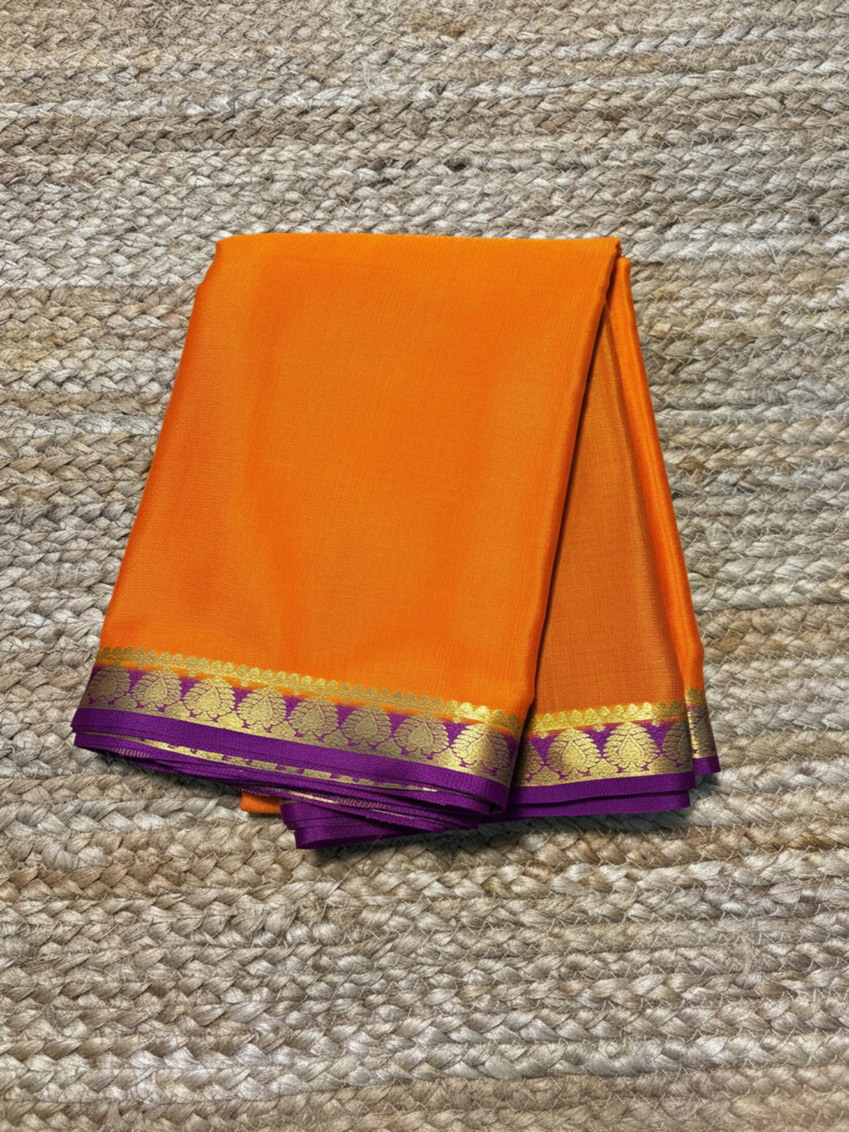 Pure Mysore Crepe Silk - Orange - Purple thin zari border