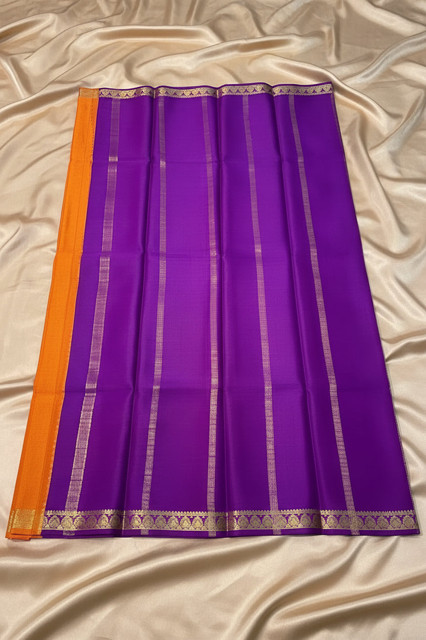 Pure Mysore Crepe Silk - Orange - Purple thin zari border