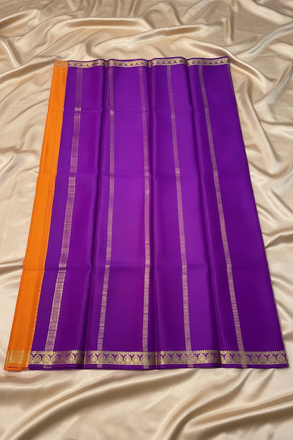 Pure Mysore Crepe Silk - Orange - Purple thin zari border