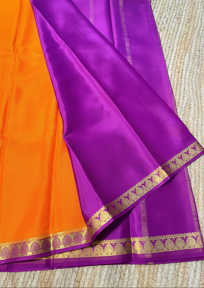 Pure Mysore Crepe Silk - Orange - Purple thin zari border