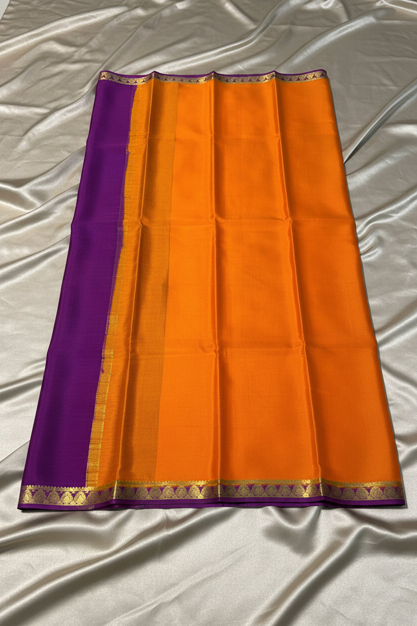 Pure Mysore Crepe Silk - Orange - Purple thin zari border
