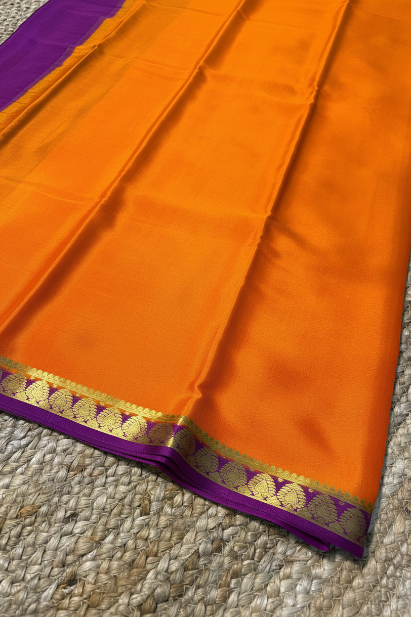 Pure Mysore Crepe Silk - Orange - Purple thin zari border