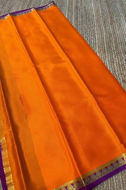 Pure Mysore Crepe Silk - Orange - Purple thin zari border