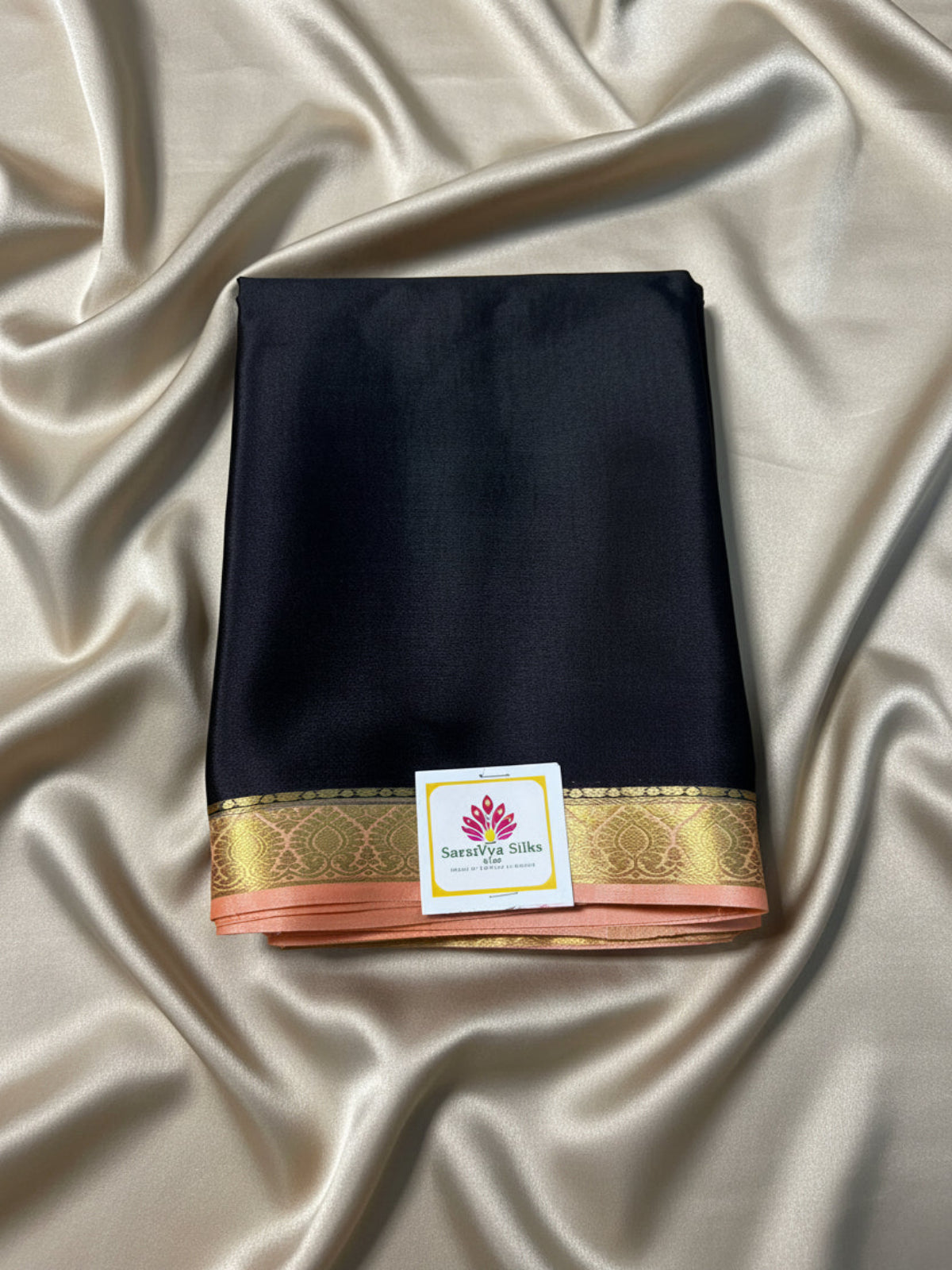 Pure Mysore Crepe Silk - Black-Peach thin zari border