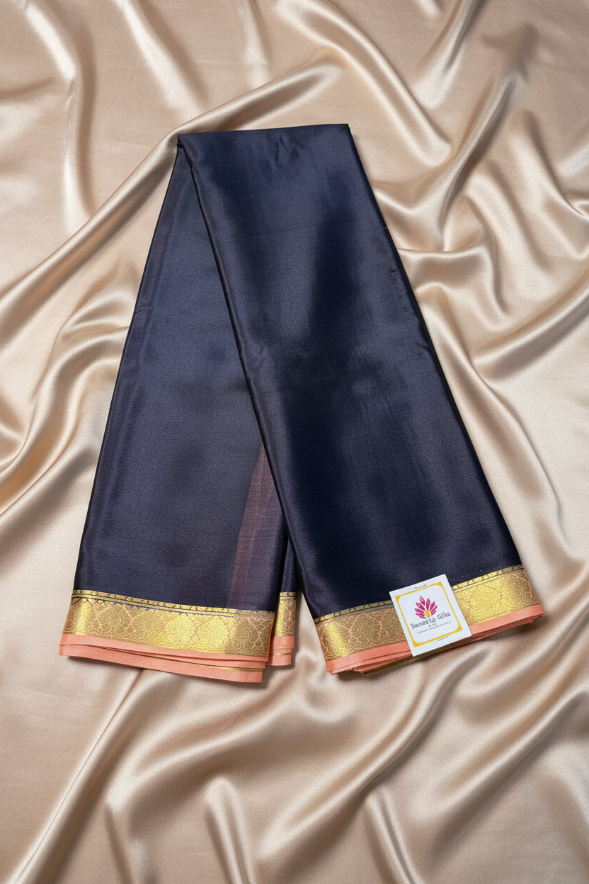 Pure Mysore Crepe Silk - Black-Peach thin zari border