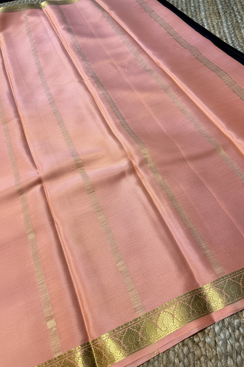 Pure Mysore Crepe Silk - Black-Peach thin zari border