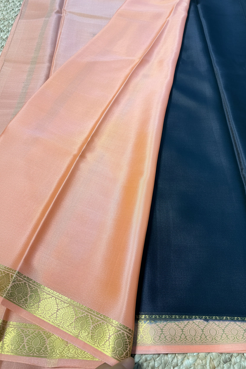 Pure Mysore Crepe Silk - Black-Peach thin zari border