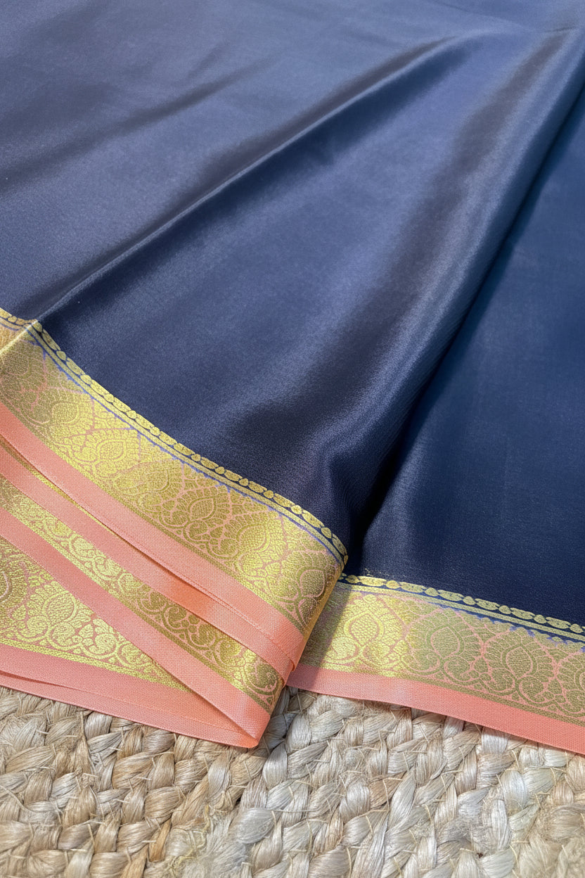 Pure Mysore Crepe Silk - Black-Peach thin zari border
