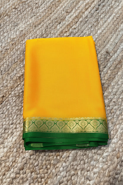 Pure Mysore Crepe Silk - Yellow-Green thin zari border