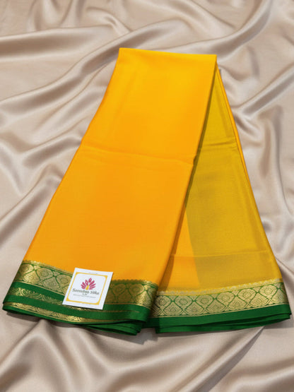 Pure Mysore Crepe Silk - Yellow-Green thin zari border