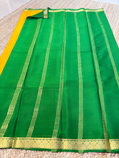 Pure Mysore Crepe Silk - Yellow-Green thin zari border
