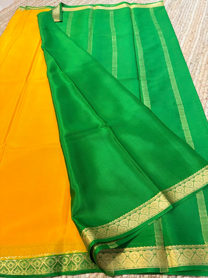 Pure Mysore Crepe Silk - Yellow-Green thin zari border