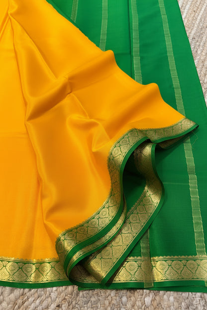 Pure Mysore Crepe Silk - Yellow-Green thin zari border