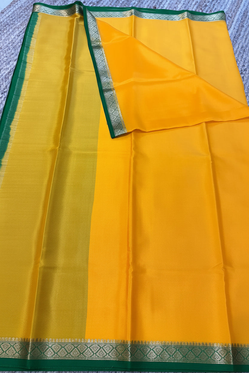Pure Mysore Crepe Silk - Yellow-Green thin zari border