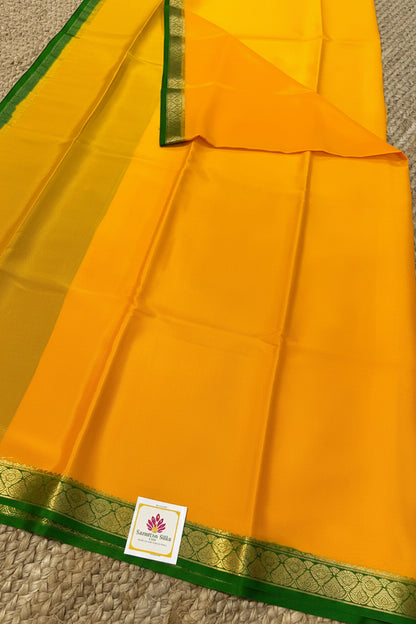 Pure Mysore Crepe Silk - Yellow-Green thin zari border