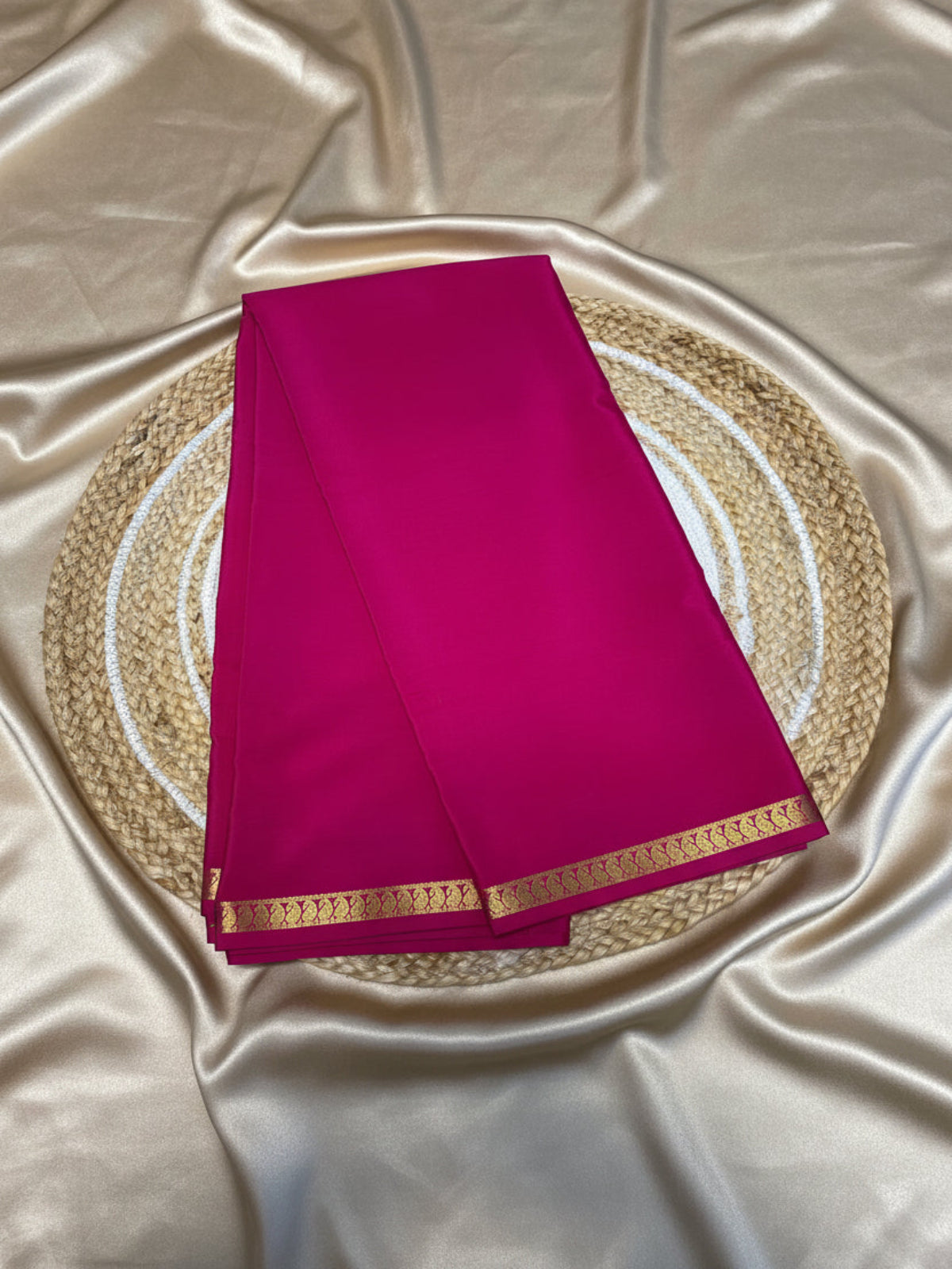 Pure Mysore Crepe Silk - Rani Pink Self Color & thin Mango Border
