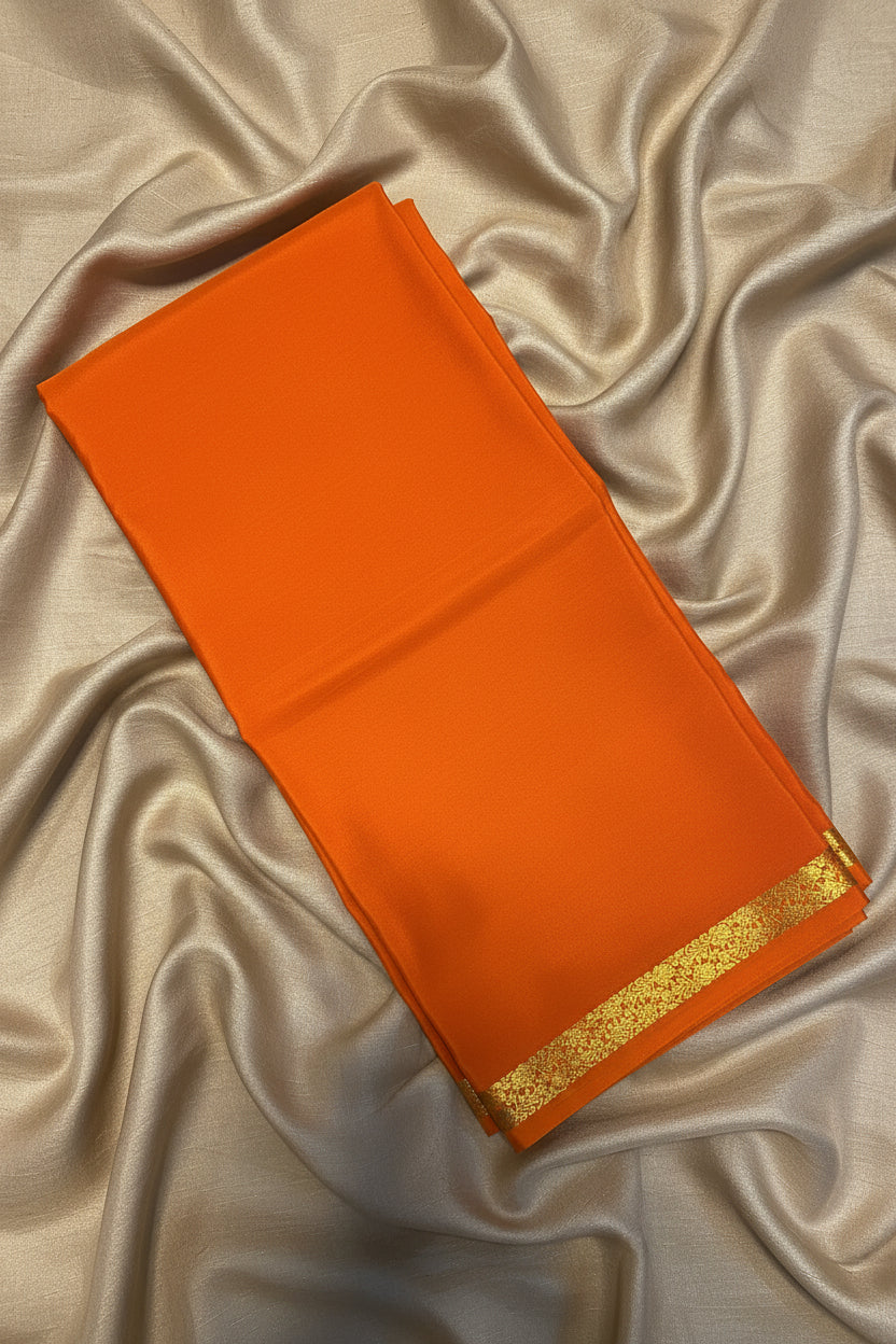 Pure Mysore Crepe Silk - Orange Self Color & thin floral Border
