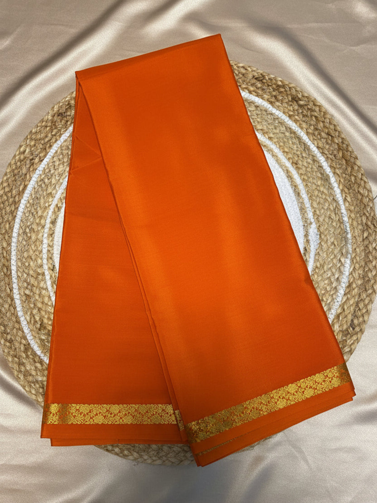 Pure Mysore Crepe Silk - Orange Self Color & thin floral Border