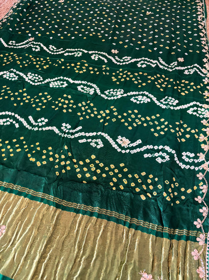 Gajji Bandhani Saree - Green with handwork