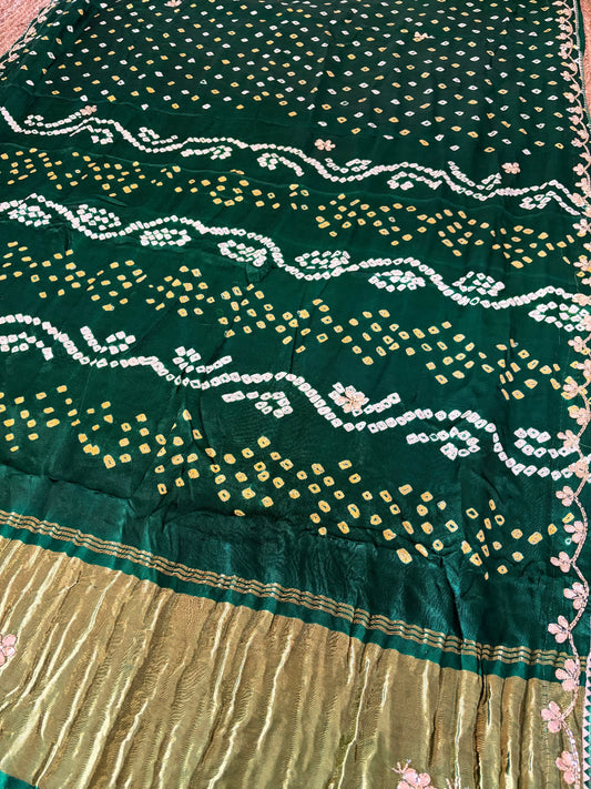 Gajji Bandhani Saree - Green with handwork