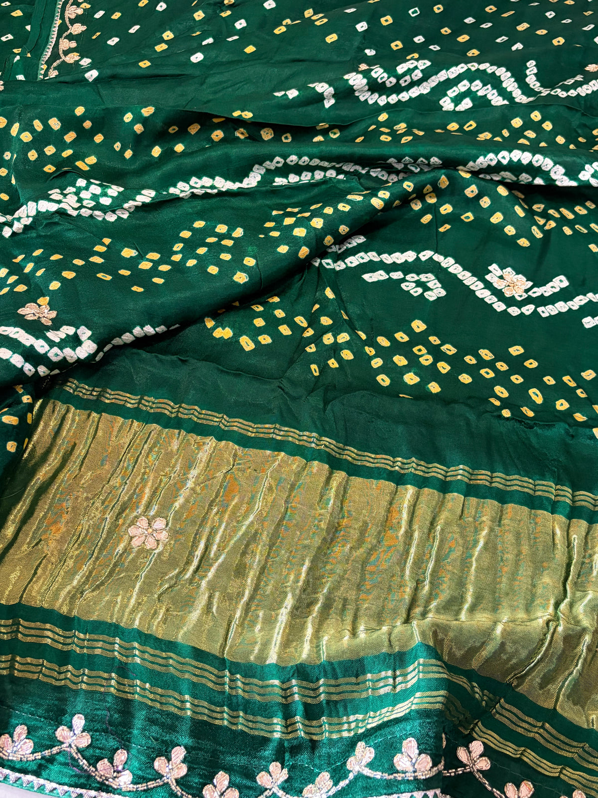 Gajji Bandhani Saree - Green with handwork