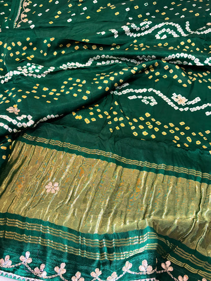 Gajji Bandhani Saree - Green with handwork