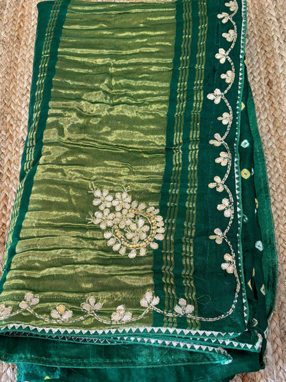 Gajji Bandhani Saree - Green with handwork