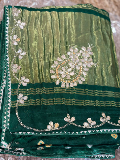 Gajji Bandhani Saree - Green with handwork