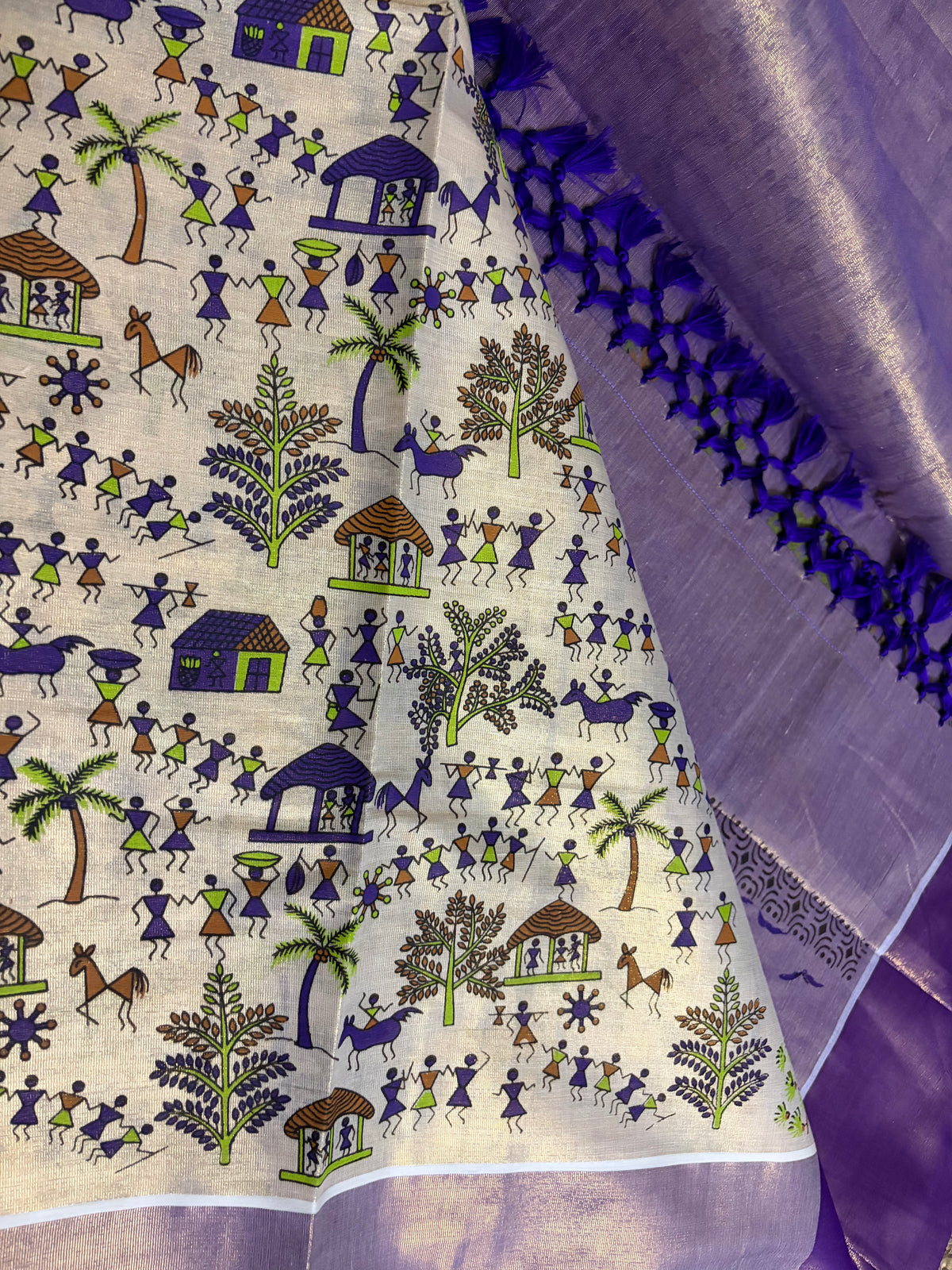 Pure Cotton Tissue - Folk Tales Warli Art Creme & Mauve