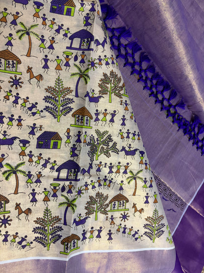 Pure Cotton Tissue - Folk Tales Warli Art Creme & Mauve