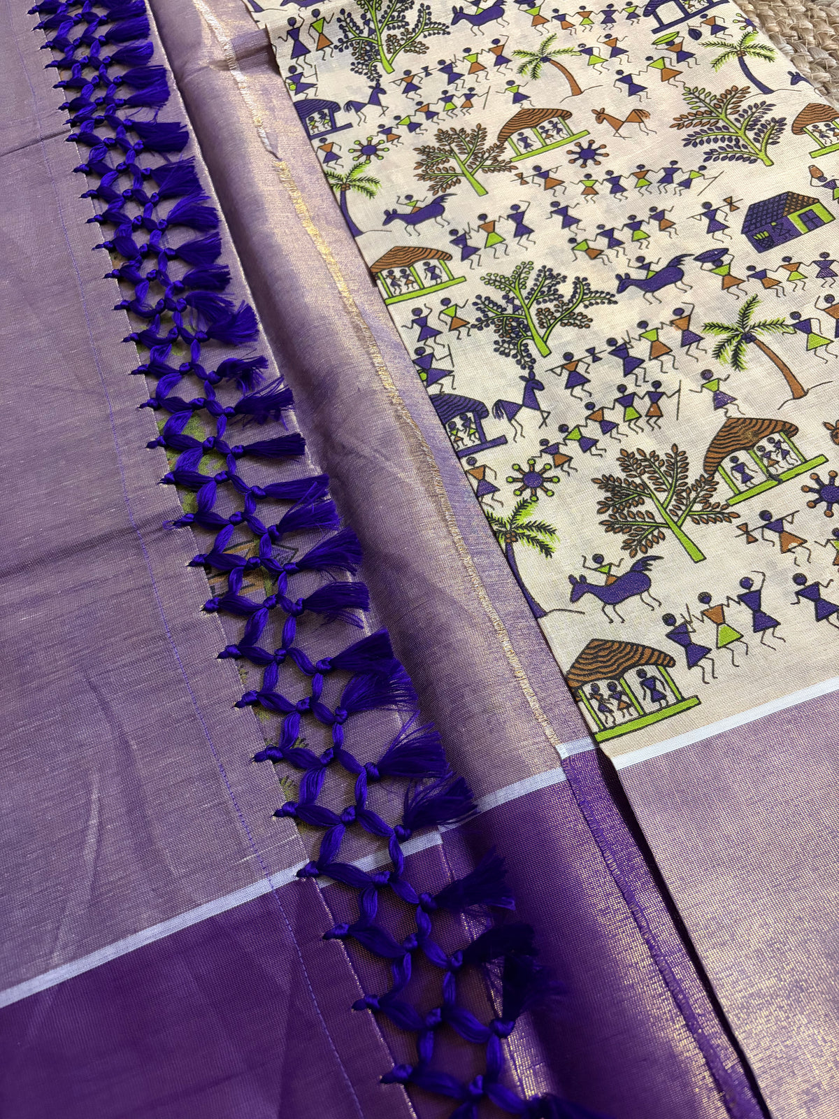 Pure Cotton Tissue - Folk Tales Warli Art Creme & Mauve