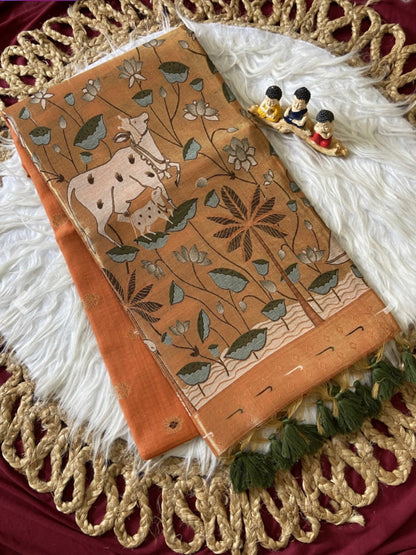 Muga cotton paithani - Rust Orange with pichwai zari weaving pallu