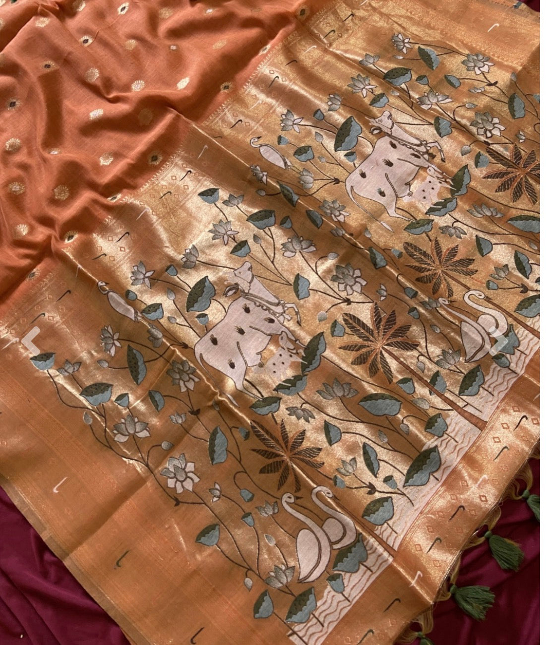 Muga cotton paithani - Rust Orange with pichwai zari weaving pallu