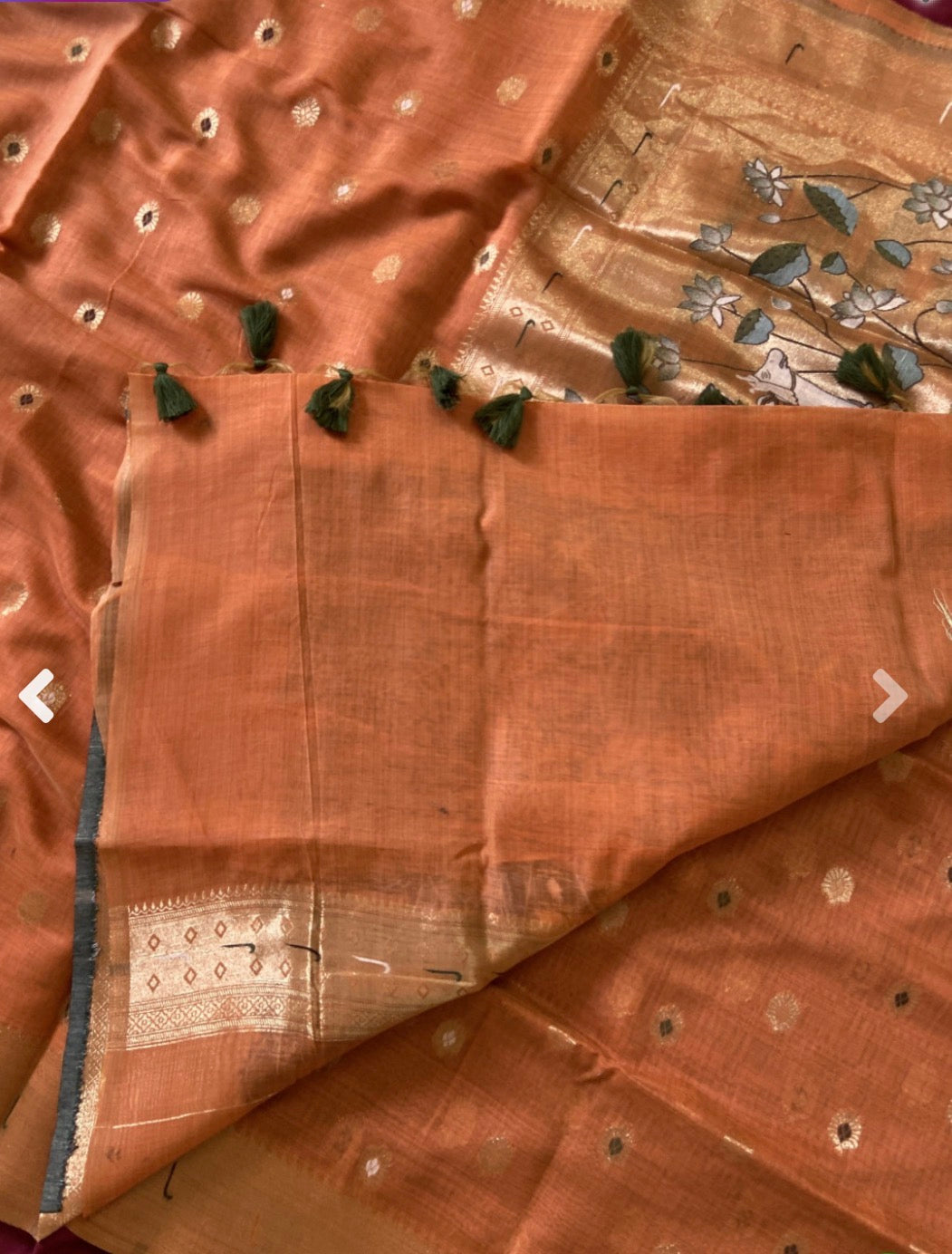 Muga cotton paithani - Rust Orange with pichwai zari weaving pallu