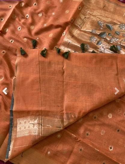 Muga cotton paithani - Rust Orange with pichwai zari weaving pallu
