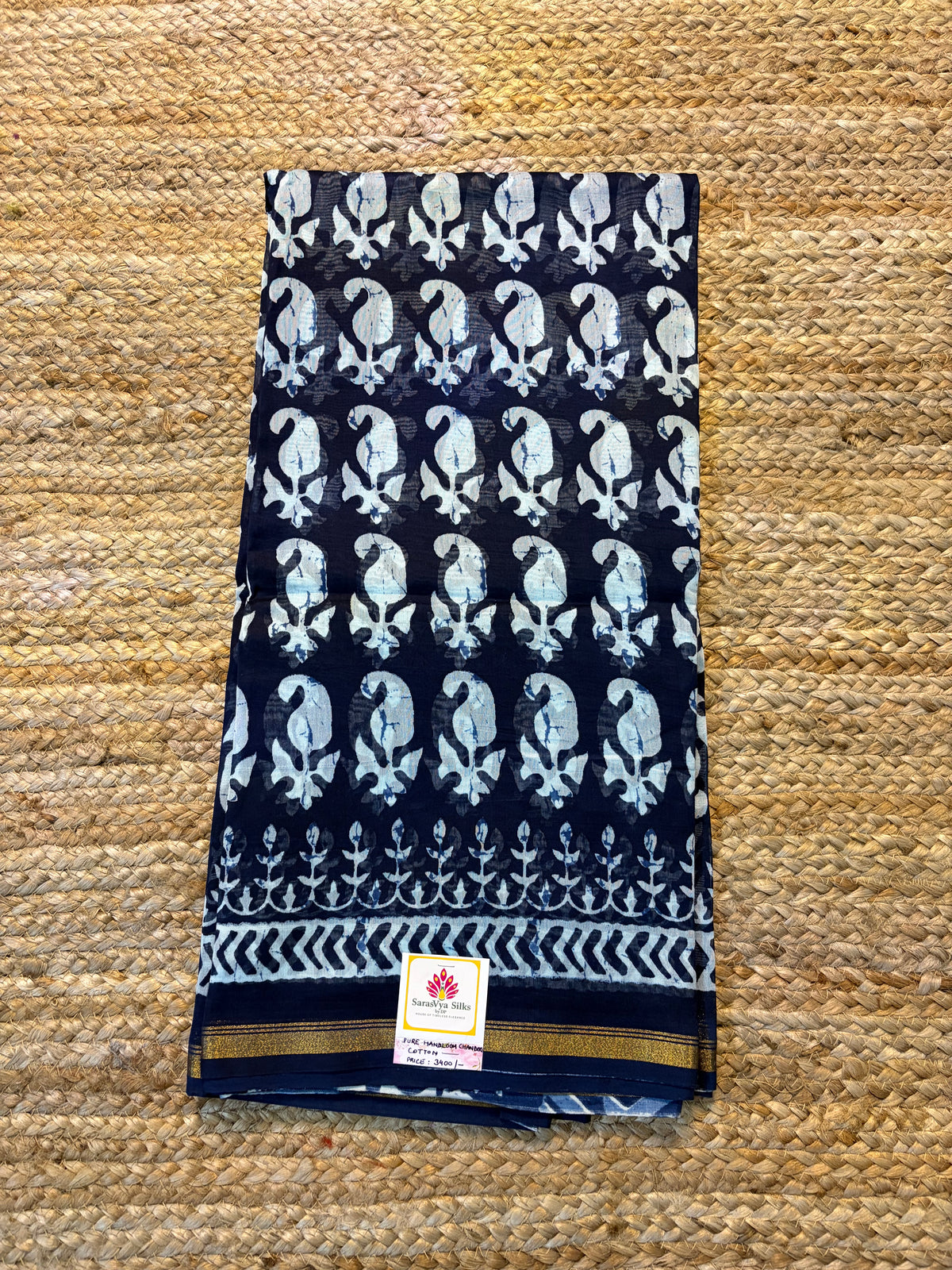 Pure Handloom Chanderi Cotton - Indigo Blue with Mango motifs