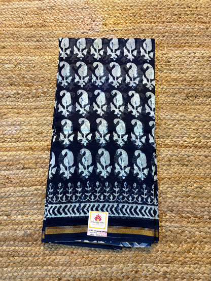 Pure Handloom Chanderi Cotton - Indigo Blue with Mango motifs