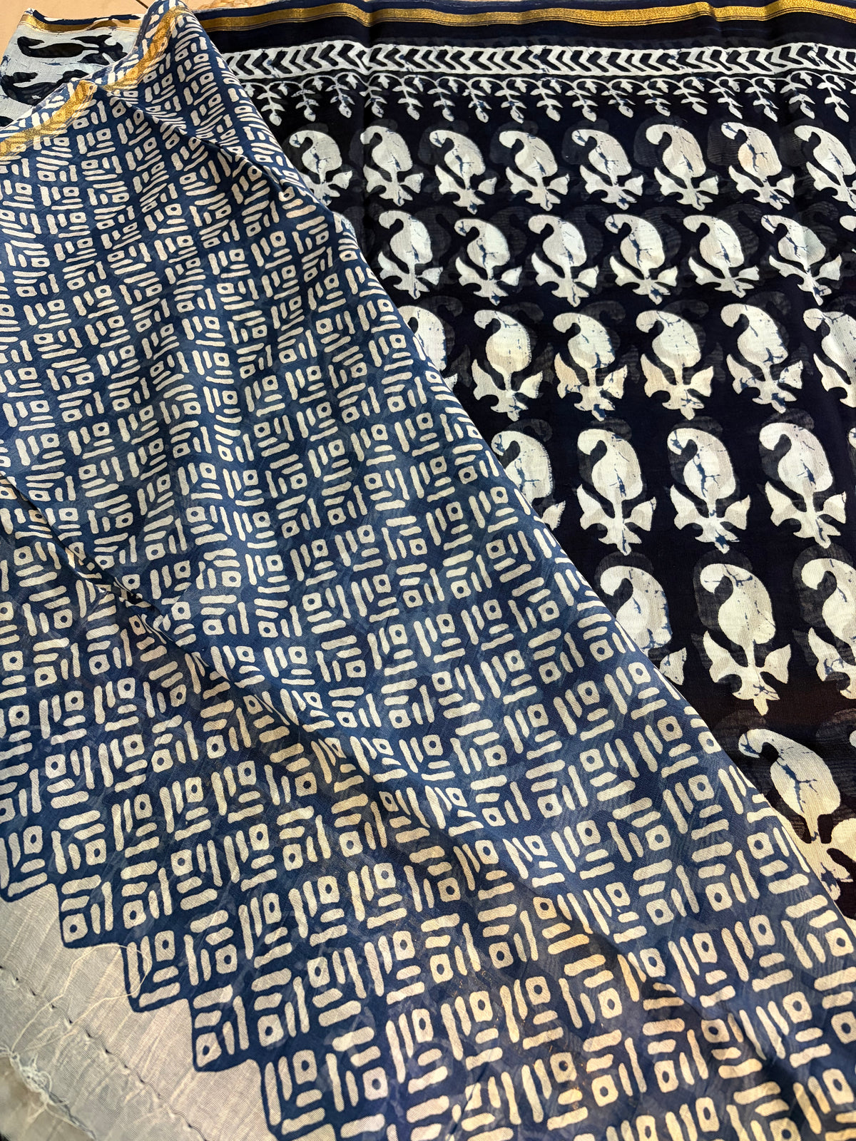 Pure Handloom Chanderi Cotton - Indigo Blue with Mango motifs