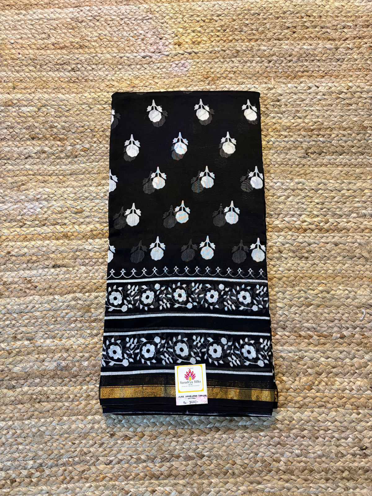 Pure Handloom Chanderi Cotton - Black with floral motif