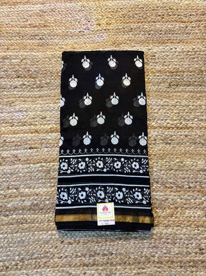 Pure Handloom Chanderi Cotton - Black with floral motif