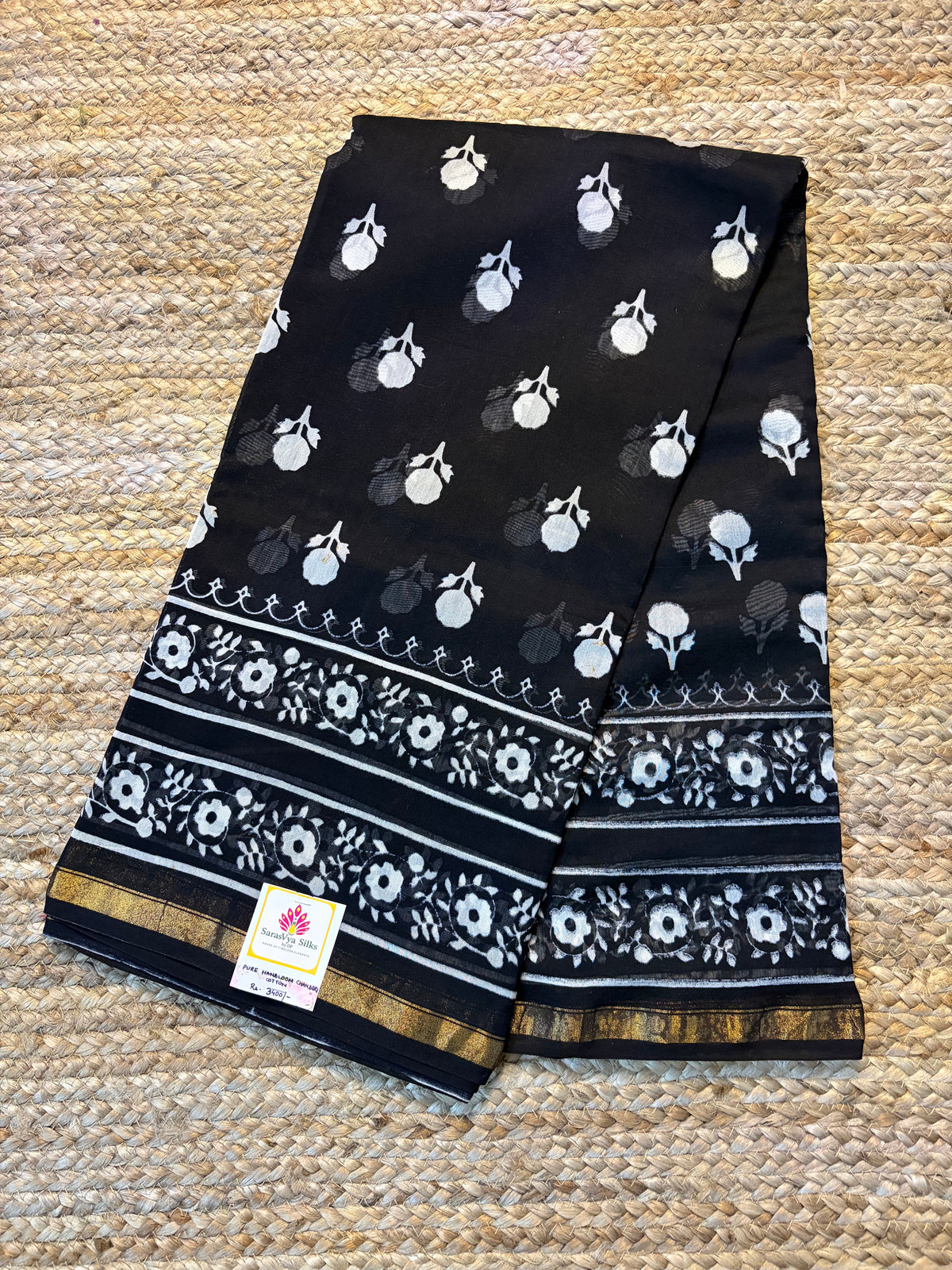 Pure Handloom Chanderi Cotton - Black with floral motif