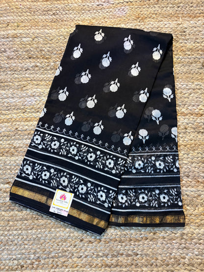 Pure Handloom Chanderi Cotton - Black with floral motif
