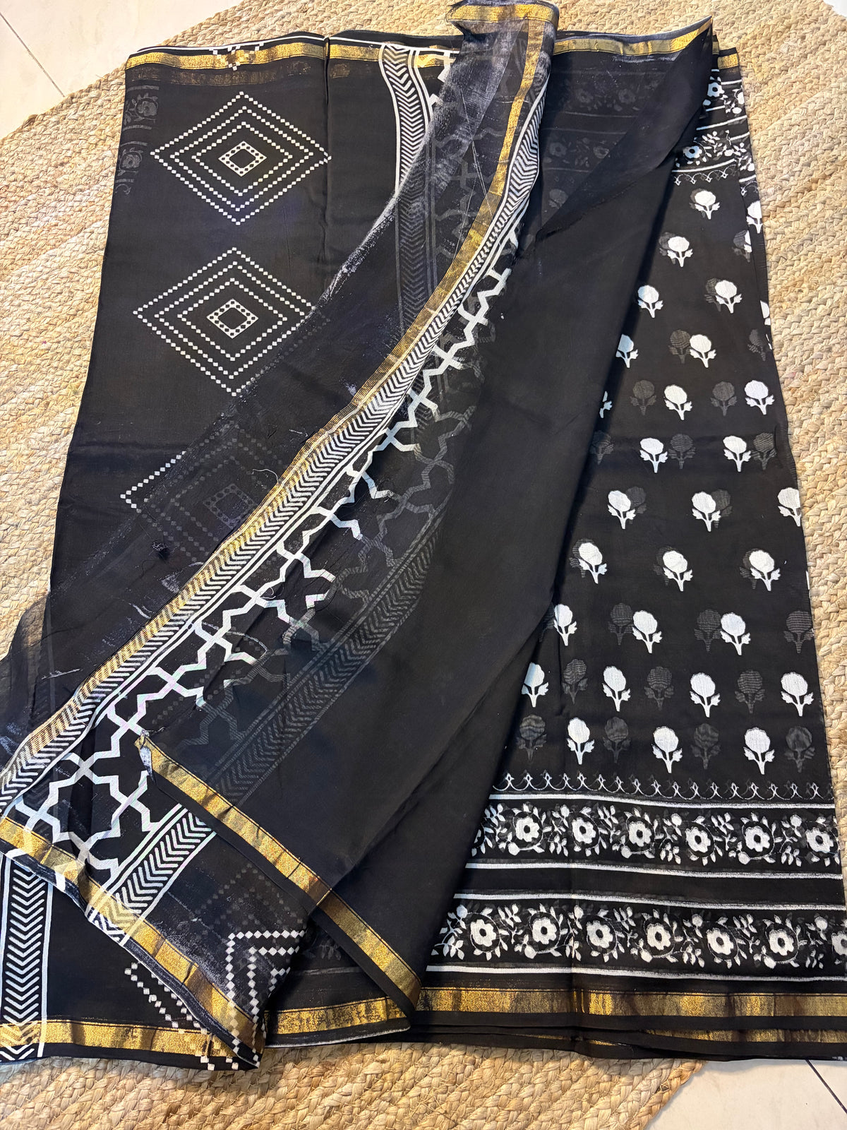 Pure Handloom Chanderi Cotton - Black with floral motif