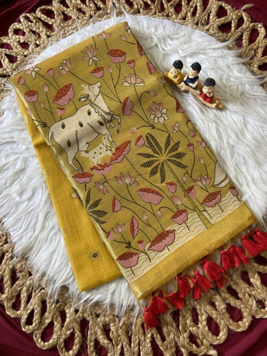 Muga cotton paithani - Yellow with pichwai zari weaving pallu
