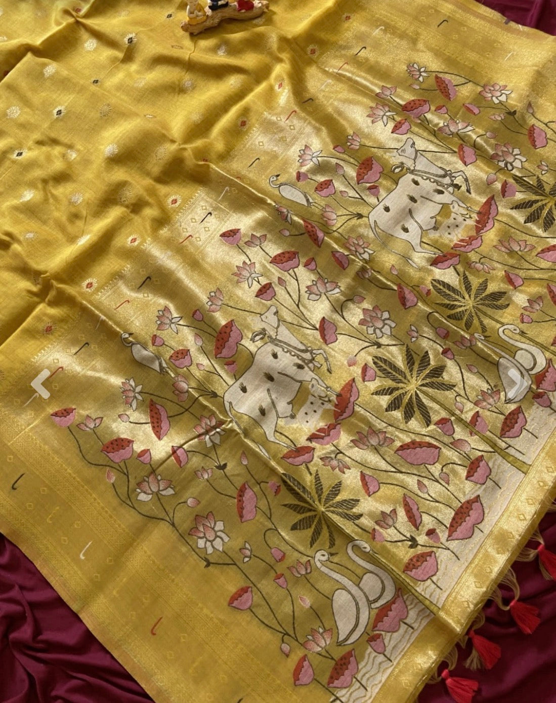 Muga cotton paithani - Yellow with pichwai zari weaving pallu