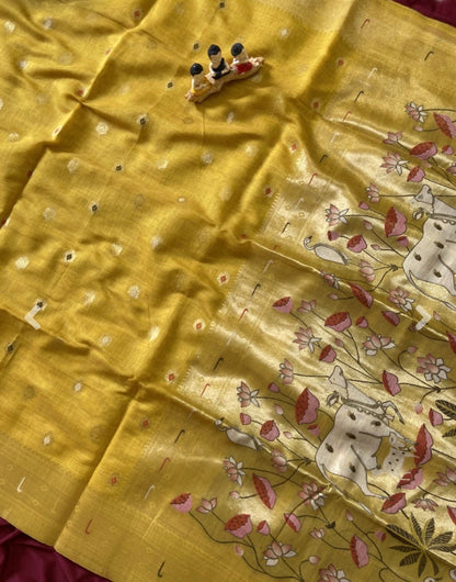 Muga cotton paithani - Yellow with pichwai zari weaving pallu
