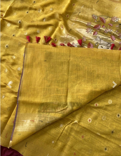 Muga cotton paithani - Yellow with pichwai zari weaving pallu