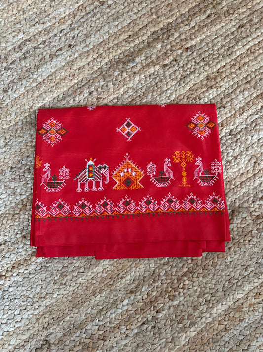 Red Malai Silk with Kasuti embroidery