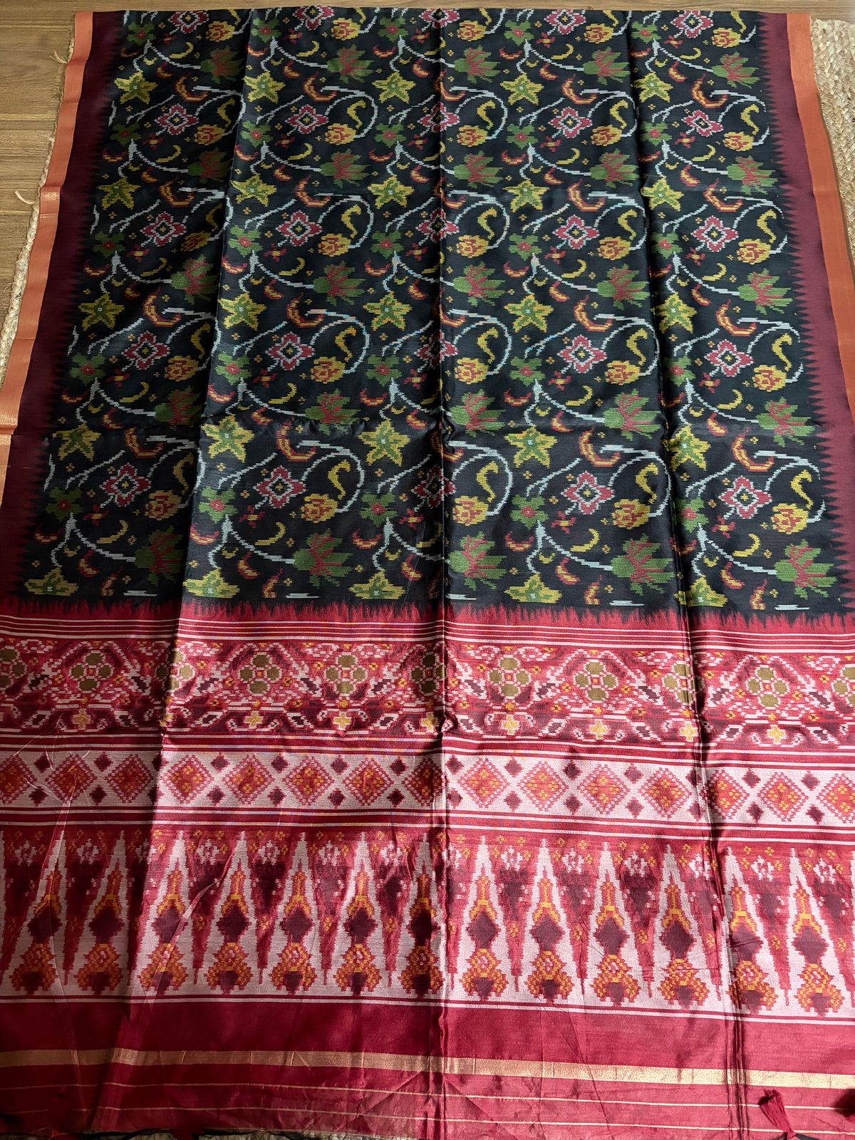 Raw Silk - Black & Maroon woven in Ikat pattern