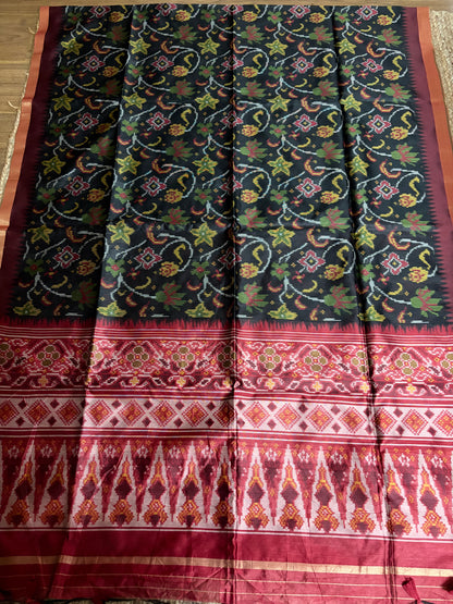Raw Silk - Black & Maroon woven in Ikat pattern